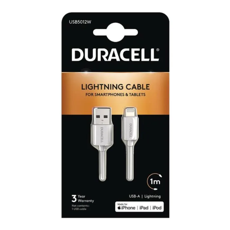 Καλώδιο Σύνδεσης USB 2.0 Duracell USB A σε MFI Lightning 12W 1m Λευκό | Shopin.gr