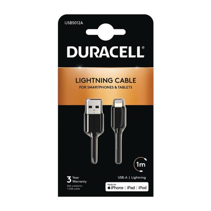 Καλώδιο Σύνδεσης USB 2.0 Duracell USB A σε MFI Lightning 12W 1m Μαύρο | Shopin.gr