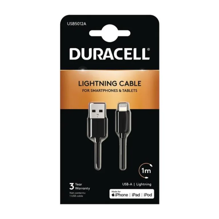 Καλώδιο Σύνδεσης USB 2.0 Duracell USB A σε MFI Lightning 12W 1m Μαύρο | Shopin.gr