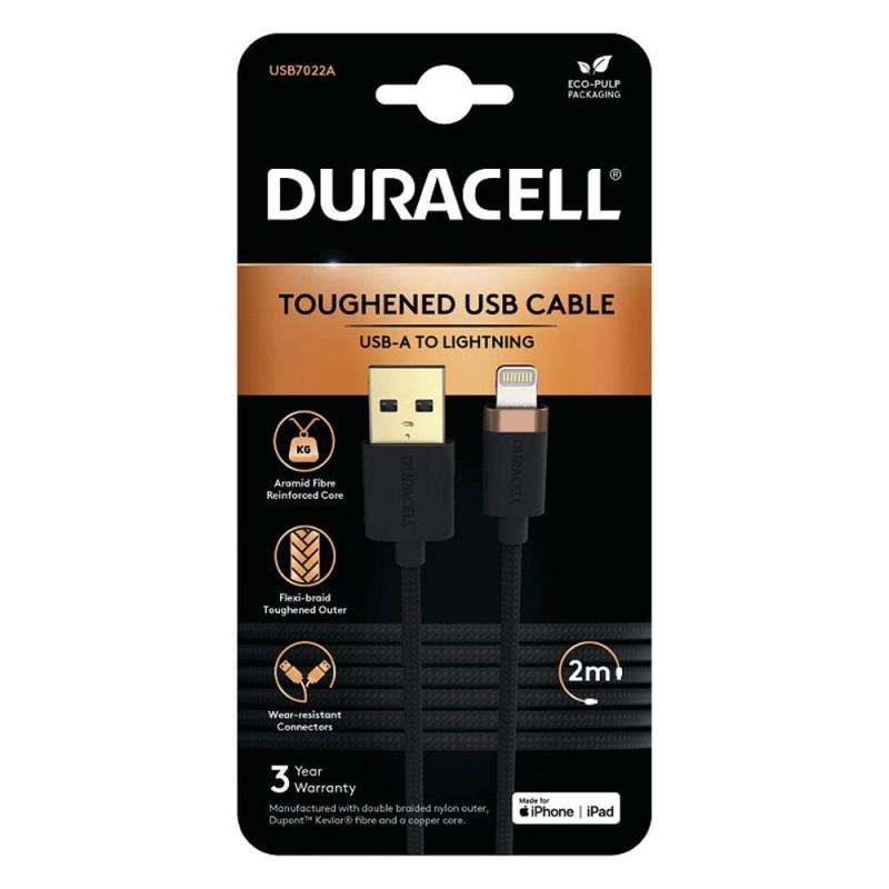Καλώδιο Σύνδεσης USB 2.0 Duracell Braided Kevlar USB A σε MFI Lightning 15W 2m Μαύρο | Shopin.gr
