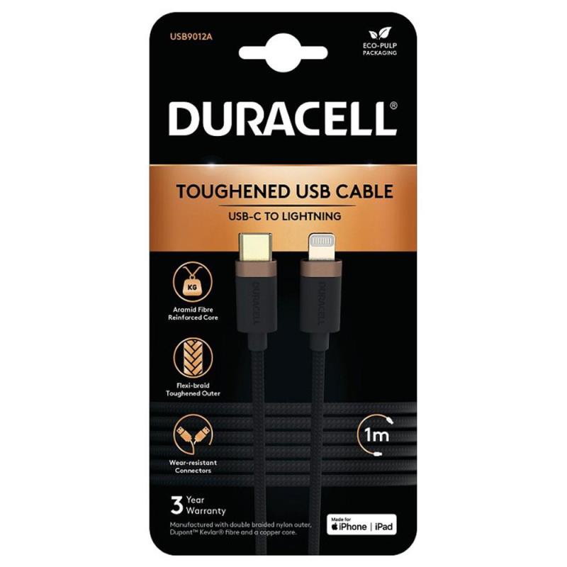 Καλώδιο Σύνδεσης USB 2.0 Duracell Braided Kevlar USB C σε MFI Lightning 60W 1m Μαύρο | Shopin.gr