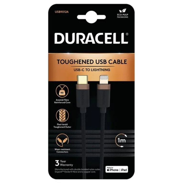 Καλώδιο Σύνδεσης USB 2.0 Duracell Braided Kevlar USB C σε MFI Lightning 60W 1m Μαύρο | Shopin.gr