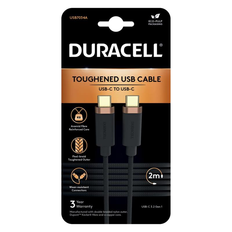 Καλώδιο Σύνδεσης USB 3.2 Duracell Braided Kevlar USB C σε USB C 63W 2m Μαύρο | Shopin.gr