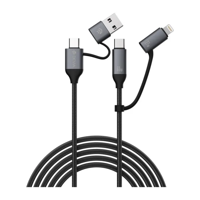 Καλώδιο Σύνδεσης USB 2.0 4 σε 1 Braided Devia EC504 USB C σε USB A & USB C & Lightning PD 60W & 27W 1.5m Extreme Μαύρο | Shopin.gr