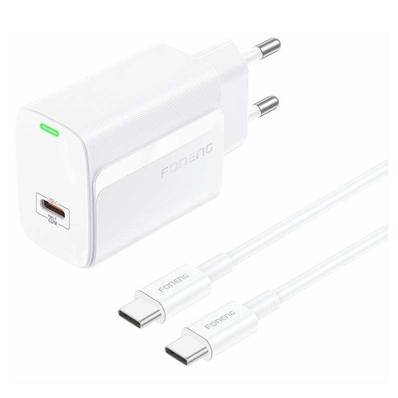Φορτιστής Ταξιδίου Ταχείας Φόρτισης Foneng EU65 με Έξοδο USB C PD 20W 3A & Καλώδιο USB C σε USB C 1m Λευκό | Shopin.gr