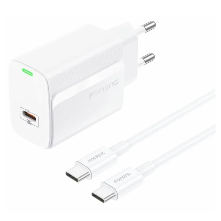 Φορτιστής Ταξιδίου Ταχείας Φόρτισης Foneng EU65 με Έξοδο USB C PD 20W 3A & Καλώδιο USB C σε USB C 1m Λευκό | Shopin.gr