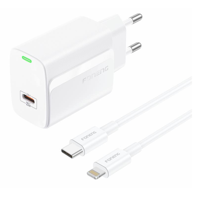 Φορτιστής Ταξιδίου Ταχείας Φόρτισης Foneng EU65 με Έξοδο USB C PD 20W 3A & Καλώδιο USB C σε Lightning 1m Λευκό | Shopin.gr
