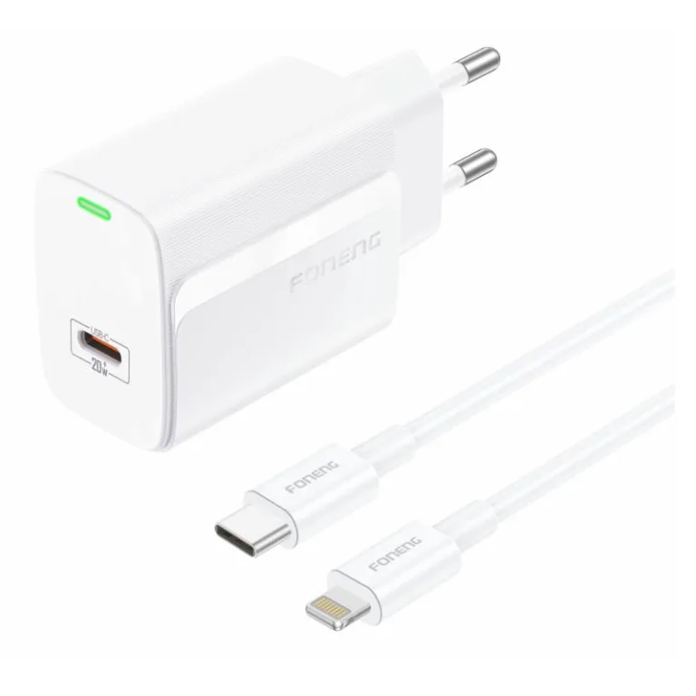 Φορτιστής Ταξιδίου Ταχείας Φόρτισης Foneng EU65 με Έξοδο USB C PD 20W 3A & Καλώδιο USB C σε Lightning 1m Λευκό | Shopin.gr