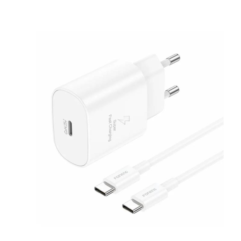 Φορτιστής Ταξιδίου Ταχείας Φόρτισης Foneng EU51 με Έξοδο USB C GaN 25W 3A & Καλώδιο USB C σε USB C 1m Λευκό | Shopin.gr