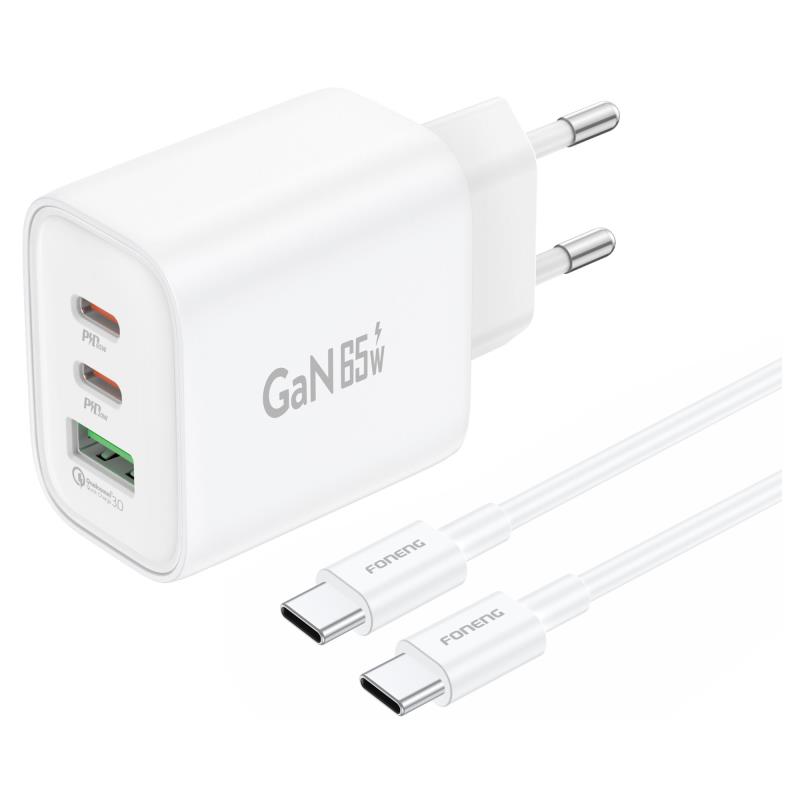 Φορτιστής Ταξιδίου Ταχείας Φόρτισης Foneng GaN10-EU με Τριπλή Έξοδο USB A & 2xUSB C GaN 65W & Καλώδιο USB C σε USB C 1m Λευκό | Shopin.gr