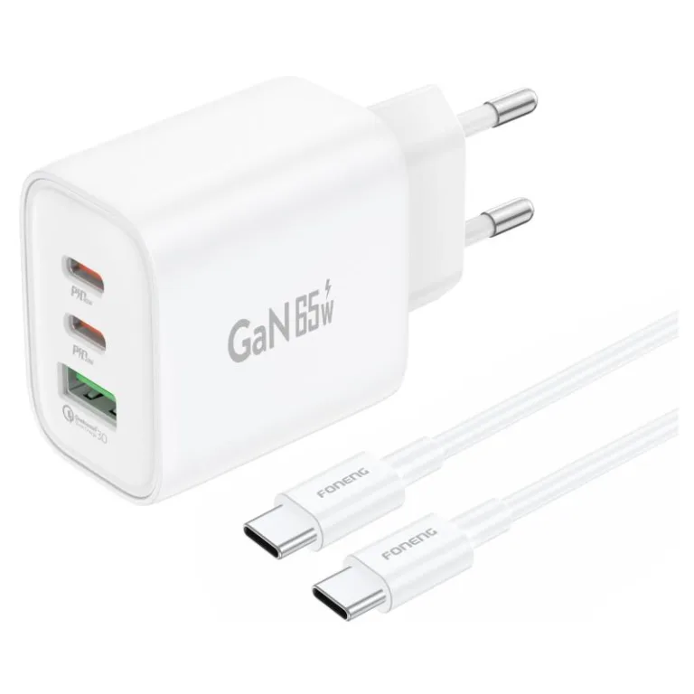 Φορτιστής Ταξιδίου Ταχείας Φόρτισης Foneng GaN10-EU με Τριπλή Έξοδο USB A & 2xUSB C GaN 65W & Καλώδιο USB C σε USB C 1m Λευκό | Shopin.gr