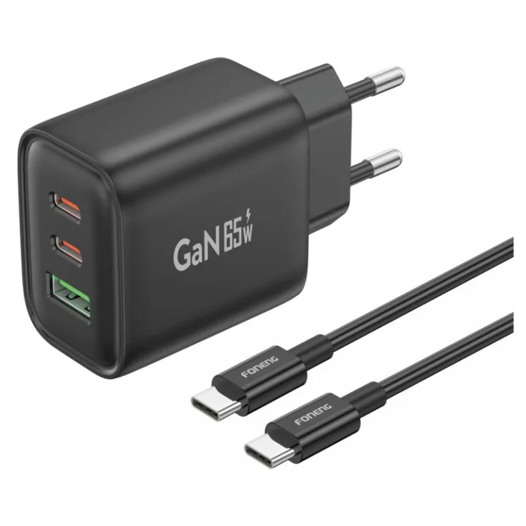 Φορτιστής Ταξιδίου Ταχείας Φόρτισης Foneng GaN10-EU με Τριπλή Έξοδο USB A & 2xUSB C GaN 65W & Καλώδιο USB C σε USB C 1m Μαύρο | Shopin.gr