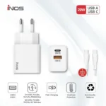 Φορτιστής Ταξιδίου Ταχείας Φόρτισης inos με Διπλή Έξοδο USB A & USB C PD QC 3.0 20W & USB C Καλώδιο 1m Λευκό | Shopin.gr