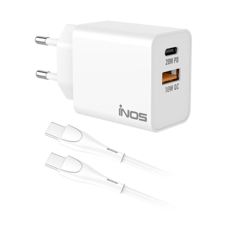 Φορτιστής Ταξιδίου Ταχείας Φόρτισης inos με Διπλή Έξοδο USB A & USB C PD QC 3.0 20W & USB C Καλώδιο 1m Λευκό | Shopin.gr