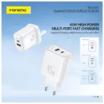 Φορτιστής Ταξιδίου Ταχείας Φόρτισης Foneng EU67 με Διπλή Έξοδο USB A & USB C 45W GaN & Καλώδιο USB C σε USB C Λευκό | Shopin.gr