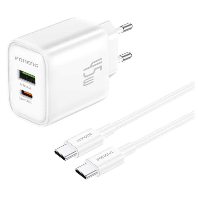 Φορτιστής Ταξιδίου Ταχείας Φόρτισης Foneng EU67 με Διπλή Έξοδο USB A & USB C 45W GaN & Καλώδιο USB C σε USB C Λευκό | Shopin.gr