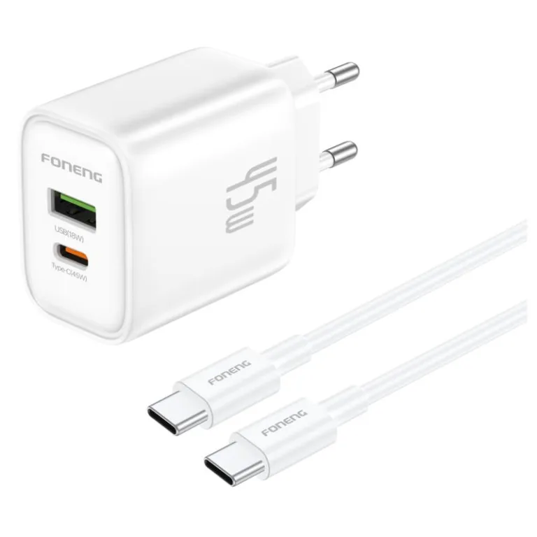 Φορτιστής Ταξιδίου Ταχείας Φόρτισης Foneng EU67 με Διπλή Έξοδο USB A & USB C 45W GaN & Καλώδιο USB C σε USB C Λευκό | Shopin.gr