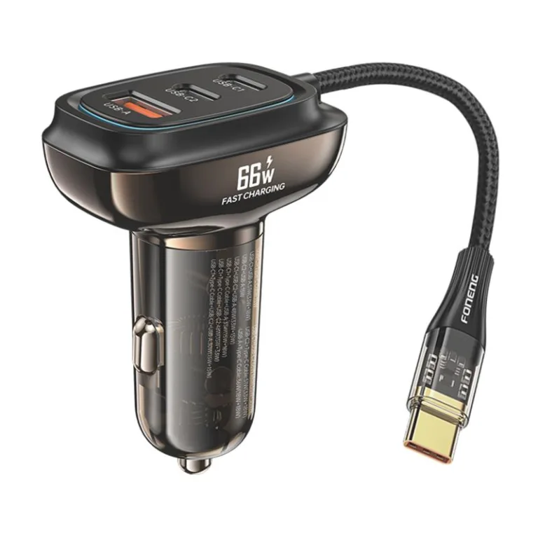 Φορτιστής Αυτοκινήτου Ταχείας Φόρτισης Foneng C20 με Τριπλή Έξοδο USB A & 2xUSB C 66W & Ενσωματωμένο Καλώδιο USB C Μαύρο | Shopin.gr