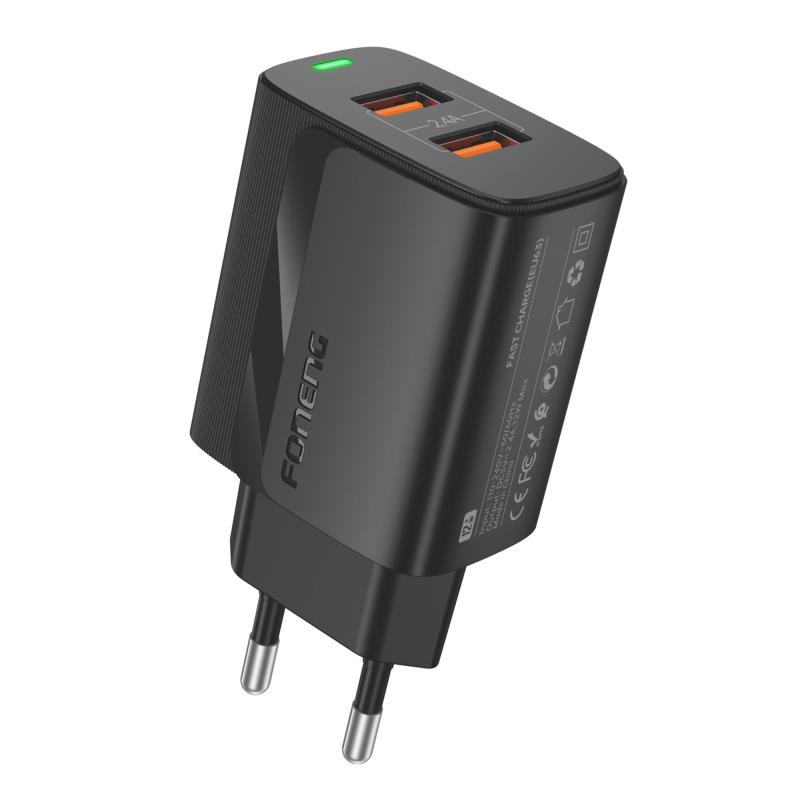 Φορτιστής Ταξιδίου Ταχείας Φόρτισης Foneng EU63 με Διπλή Έξοδο 2xUSB Α 12W 2.4A Μαύρο | Shopin.gr