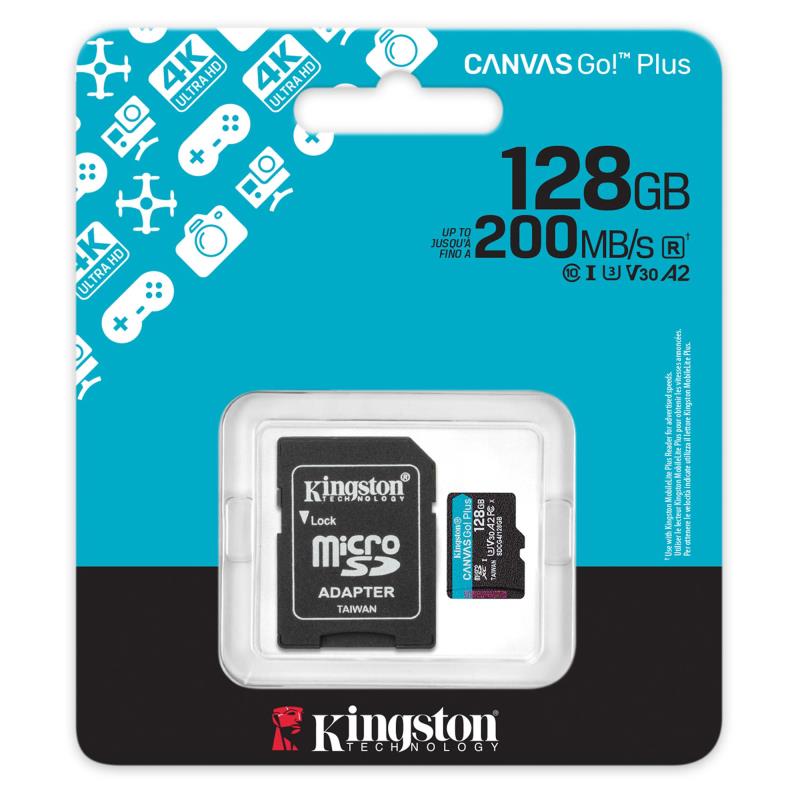 Κάρτα μνήμης Micro SDXC C10 UHS-I U3 Kingston Canvas Go! Plus 200MB/s 128Gb + 1 ADP | Shopin.gr