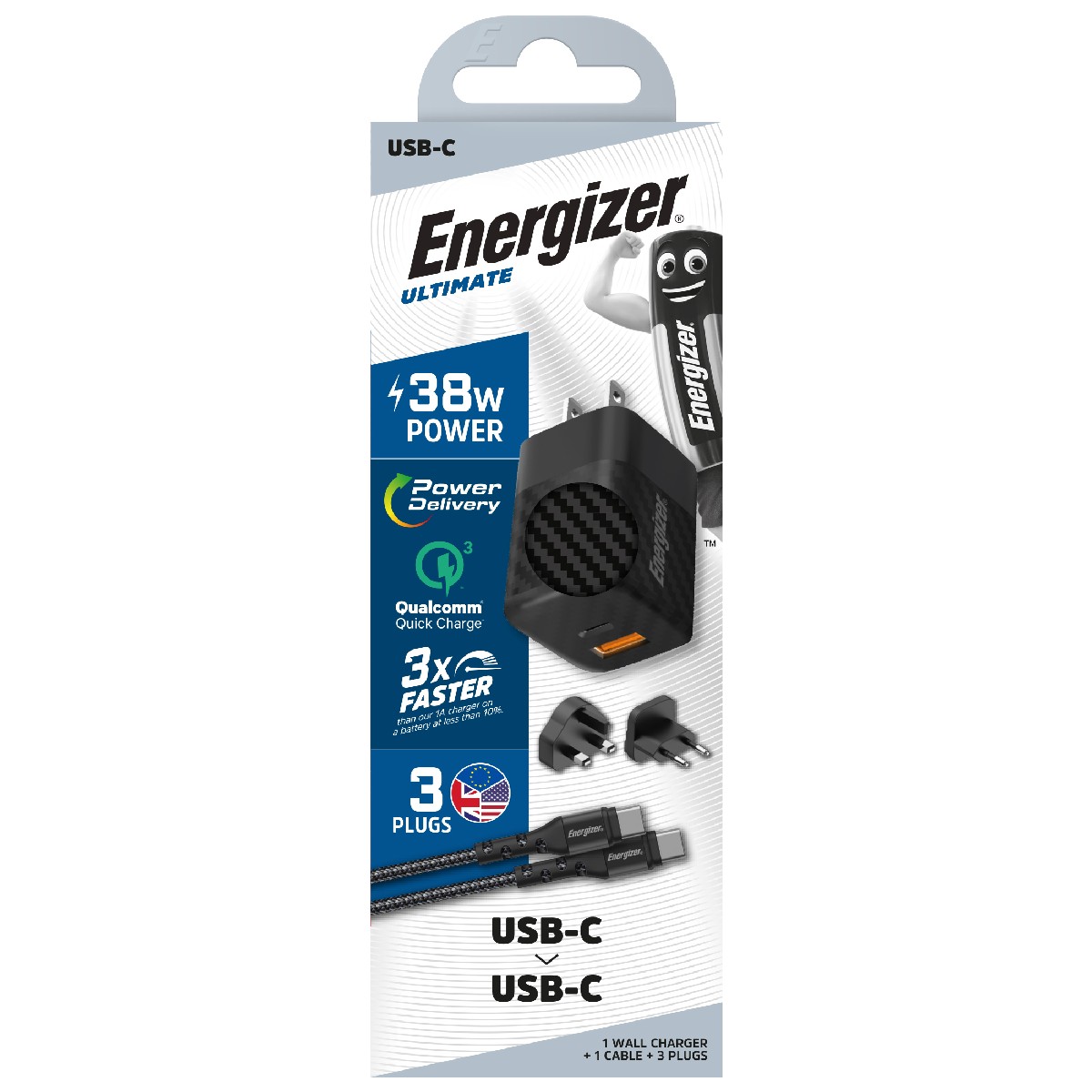 Φορτιστής Ταξιδίου Energizer με 2 θύρες USB-C/A 38W PD20W QC3 18W Καλώδιο USB-C/USB-C | Φορτιστές - shopin.gr