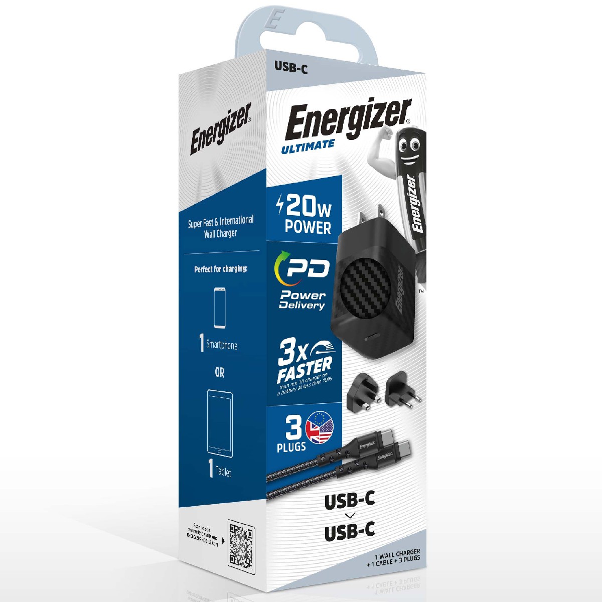 Φορτιστής Ταξιδίου Energizer Fast Charge με USB-C 20W και Καλώδιο USB-C/USB-C Μαύρο | Φορτιστές - shopin.gr