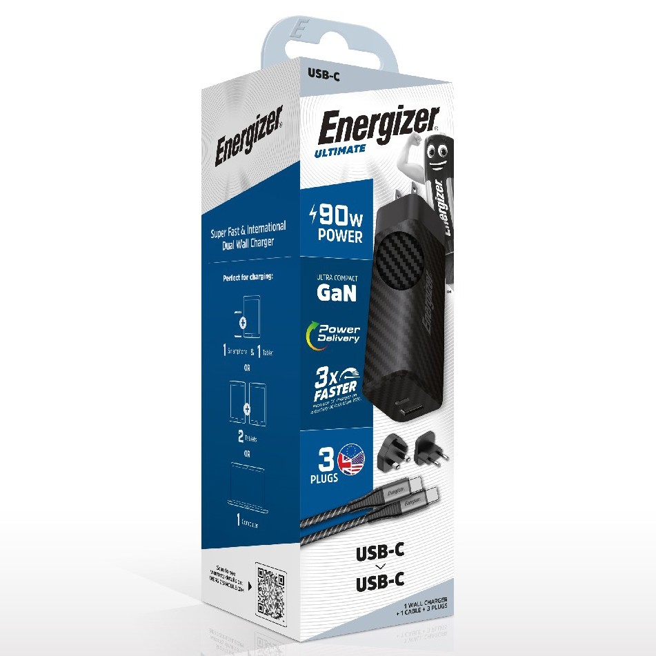 Φορτιστής Ταξιδίου Energizer A90MUC  με έξοδο USB-C/USB-A 90W Καλώδιο USB-C/USB-C Μαύρο | Φορτιστές - shopin.gr