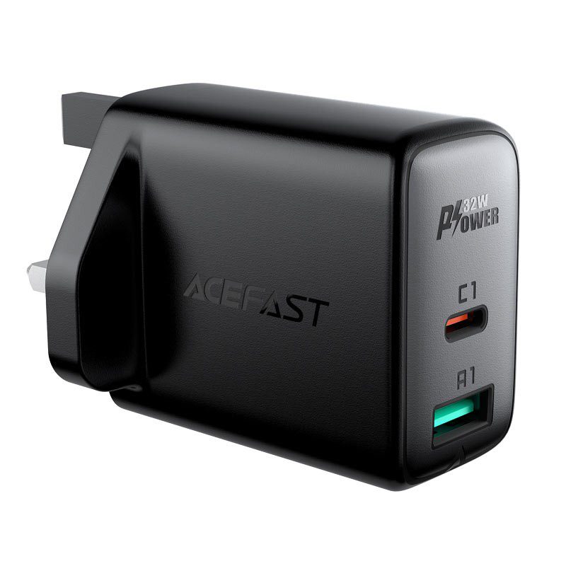 Φορτιστής Ταξιδίου Acefast A8 Fast Charging USB-C PD32W USB-A Μαύρος με UK Plug | Φορτιστές - shopin.gr