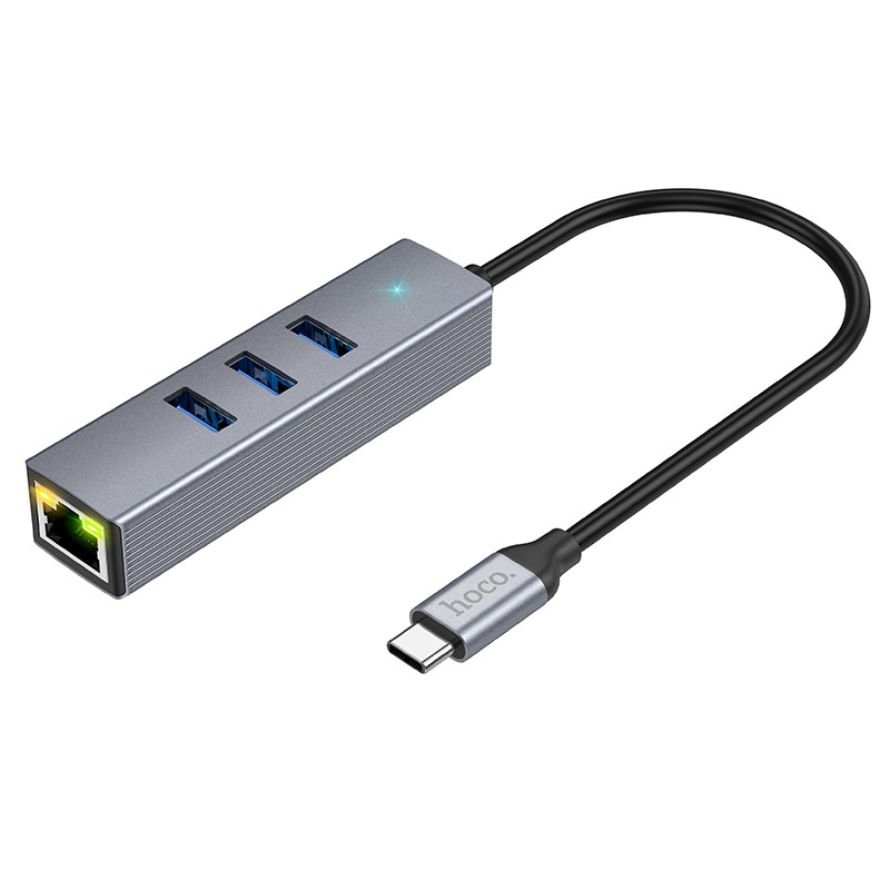 Αντάπτορας Hoco HB34 USB-C σε 3 x  USB 3.0 και RJ45  με Λειτουργία Μεταφοράς Δεδομένων 1000Mbps Γκρι | Αντάπτορες - shopin.gr