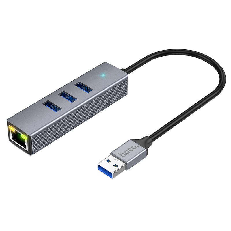 Αντάπτορας Hoco HB34 3 x USB σε USB 3.0 και RJ45  με Λειτουργία Μεταφοράς Δεδομένων 1000Mbps Γκρι | Αντάπτορες - shopin.gr