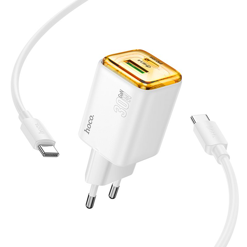 Φορτιστής Ταξιδίου Hoco N53 Monsoon Small Body GaN με 1xUSB-C PD30W και 1xUSB-A QC3.0A + Καλώδιο Φόρτισης 1m Λευκός | Φορτιστές - shopin.gr