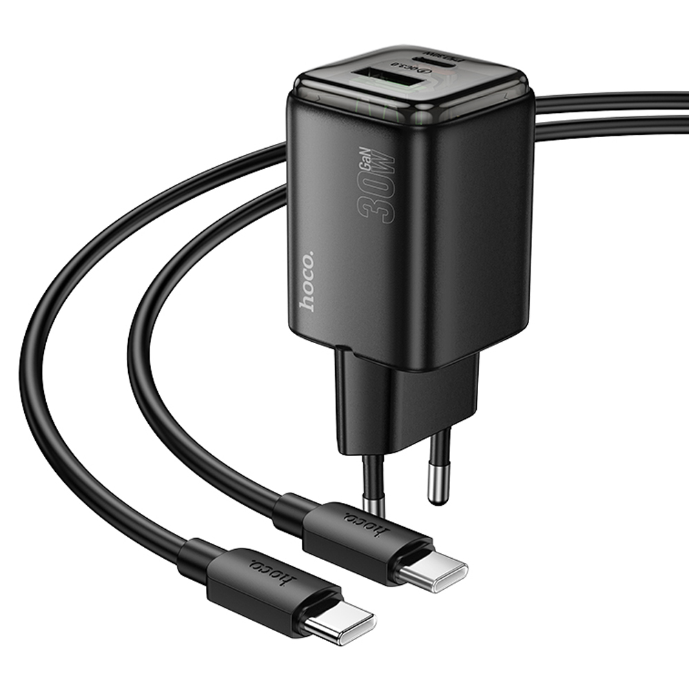 Φορτιστής Ταξιδίου Small Size Hoco N53 Monsoon PD30W QC3.0A GaN με 1xUSB-C και 1xUSB-A + Καλώδιο Φόρτισης Type-C σε Type-C 1m Μαύρος | Φορτιστές - shopin.gr