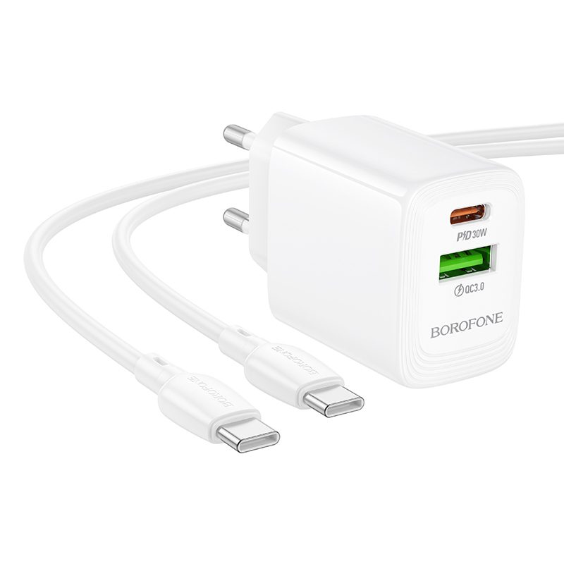 Φορτιστής Ταξιδίου Borofone BN29 Fuente GaN με 1xUSB-C PD30W και 1xUSB-A QC3.0A + Καλώδιο Φόρτισης USB-C σε USB-C Λευκός | Φορτιστές - shopin.gr