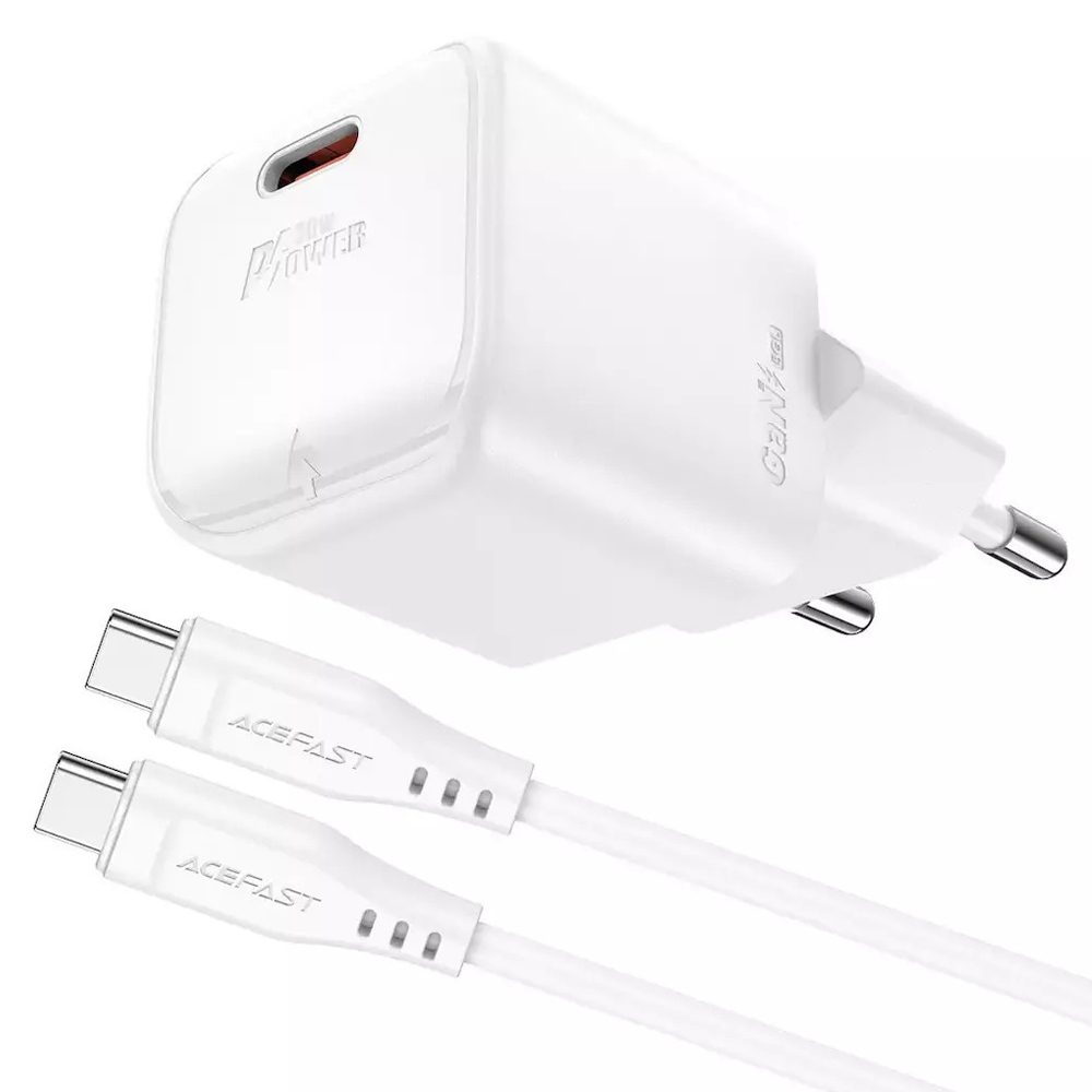 Φορτιστής Ταξιδίου Acefast A77 Mini Fast Charging 1xUSB-C PD30W QC3.0 GaN Λευκός + Καλώδιο USB-C σε USB-C | Φορτιστές - shopin.gr