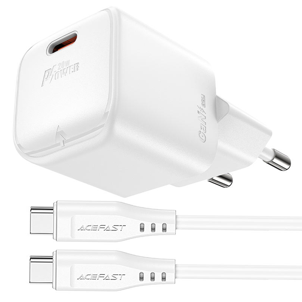 Φορτιστής Ταξιδίου Acefast A73 Mini Fast Charging 1xUSB-C PD20W QC3.0 GaN Λευκός + Καλώδιο USB-C σε USB-C | Φορτιστές - shopin.gr