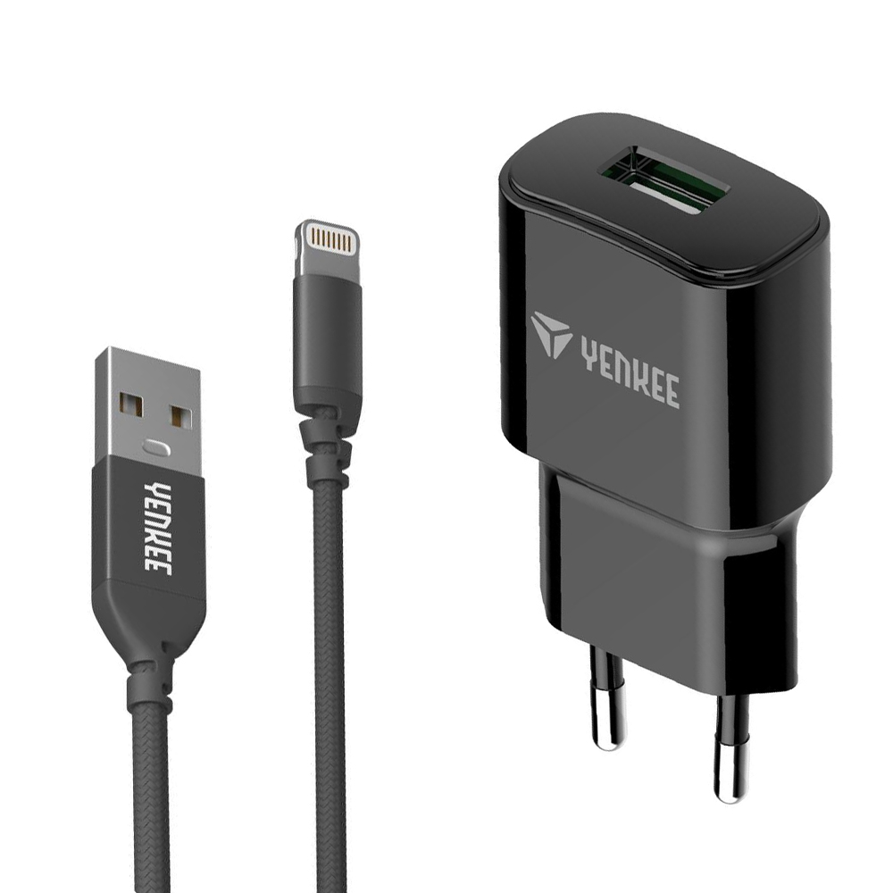 Φορτιστής Ταξιδίου Yenkee YAC 4600 12W USB-A 5V/2.4 A με Καλώδιο USB-A σε Lightning Apple Certified MFi Braided Μαύρο 1m | Φορτιστές - shopin.gr