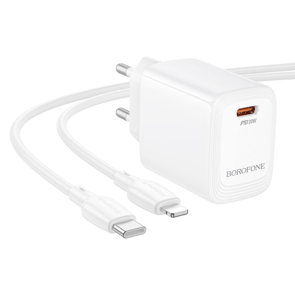 Φορτιστής Ταξιδίου Borofone BN26 Fuente Mini Size GaN USB-C PD20W  + Καλώδιο Φόρτισης USB-C σε Lightning Λευκός | Φορτιστές - shopin.gr