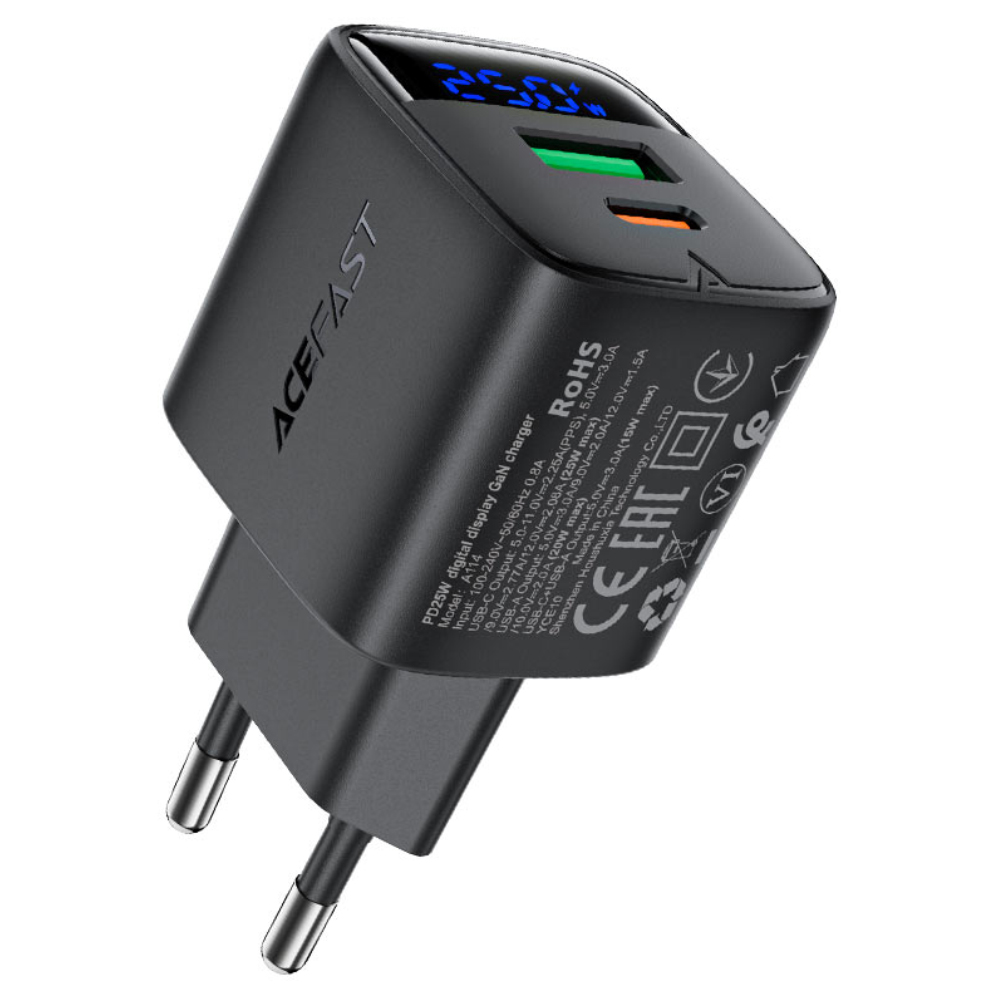 Φορτιστής Ταξιδίου Acefast A114 Fast Charging 1xUSB-A + 1xUSB-C PD25W QC3.0 GaN με LED Ένδειξη Μαύρος | Φορτιστές - shopin.gr