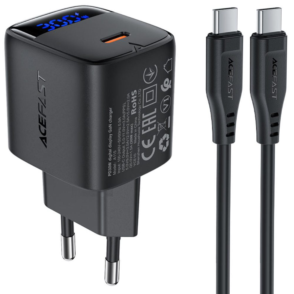 Φορτιστής Ταξιδίου Acefast A115 Fast Charging USB-C PD30W 3.0A GaN με LED Ένδειξη Φόρτισης + Καλώδιο USB-C σε USB-C Μαύρος | Φορτιστές - shopin.gr