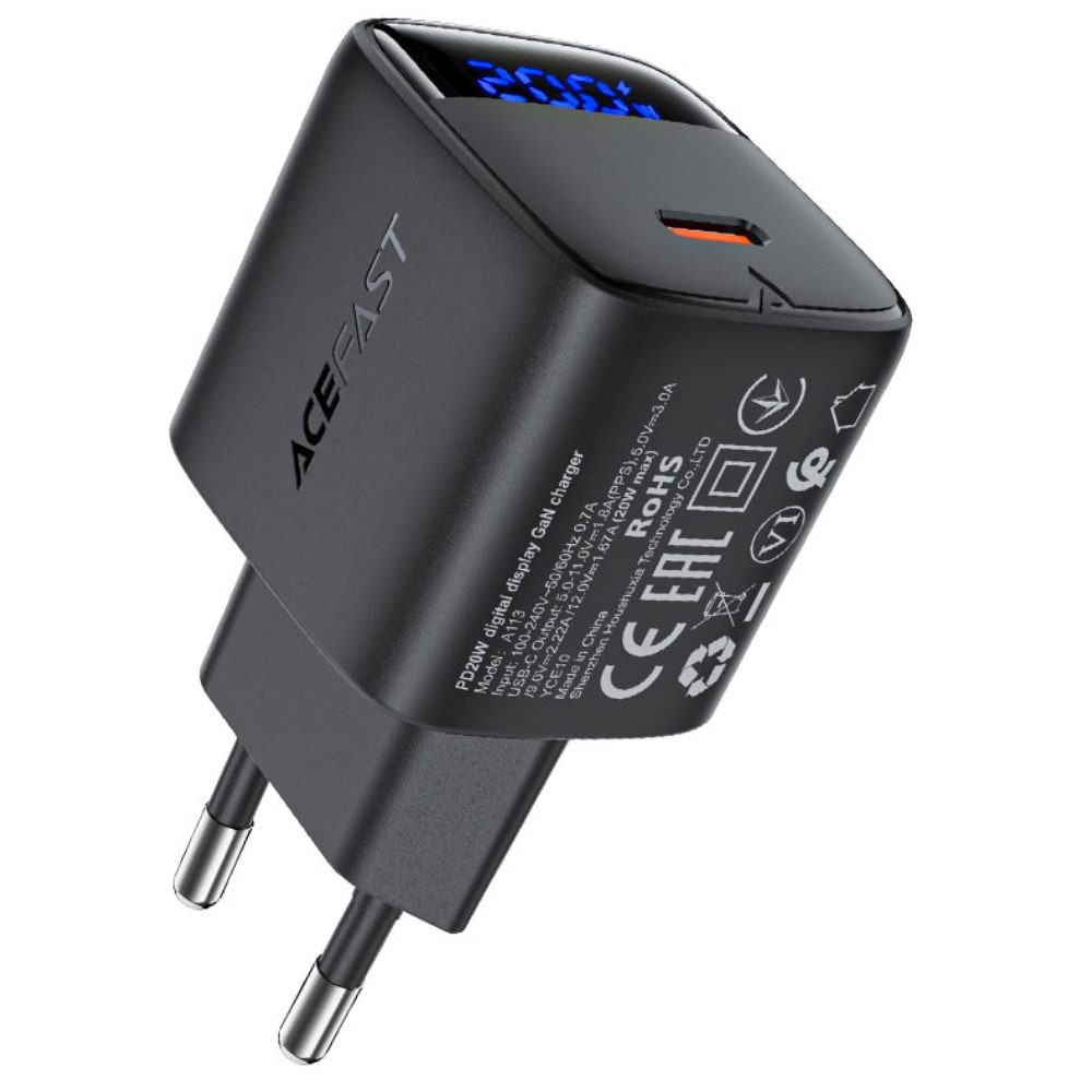 Φορτιστής Ταξιδίου Acefast A113 Fast Charging USB-C PD20W GaN με Digital Ένδειξη Φόρτισης Μαύρος | Φορτιστές - shopin.gr