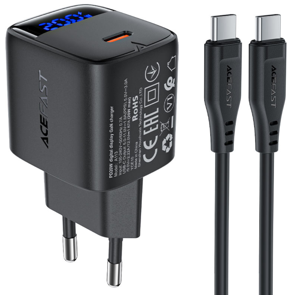 Φορτιστής Ταξιδίου Acefast A113 Fast Charging USB-C PD20W GaN με Digital Ένδειξη Φόρτισης + Καλώδιο USB-C σε USB-C Μαύρος | Φορτιστές - shopin.gr