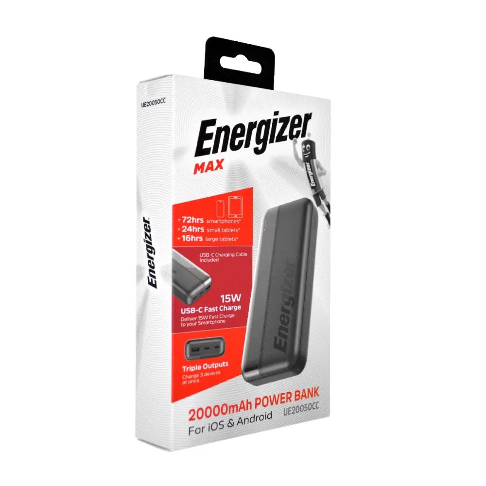Power Bank Energizer UE20050CC 20000mAh 15W Fast Charge με 2xUSB-C 1xUSB-A και LED Ένδειξη Μπαταρίας Μαύρο | Power Bank - shopin.gr