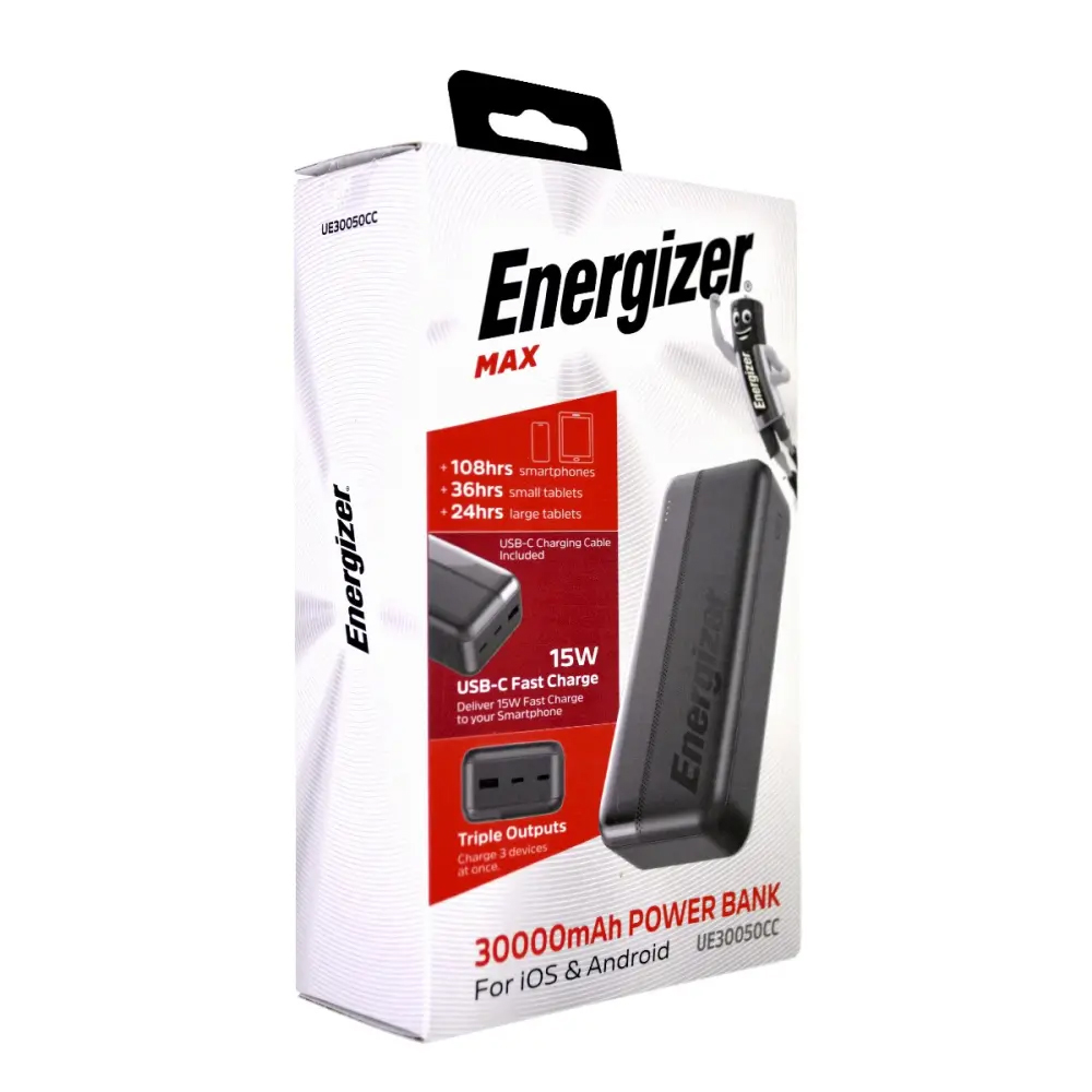 Power Bank Energizer UE30050CC 30000mAh 15W Fast Charge με 2xUSB-C 1xUSB-A και LED Ένδειξη Μπαταρίας Μαύρο | Power Bank - shopin.gr