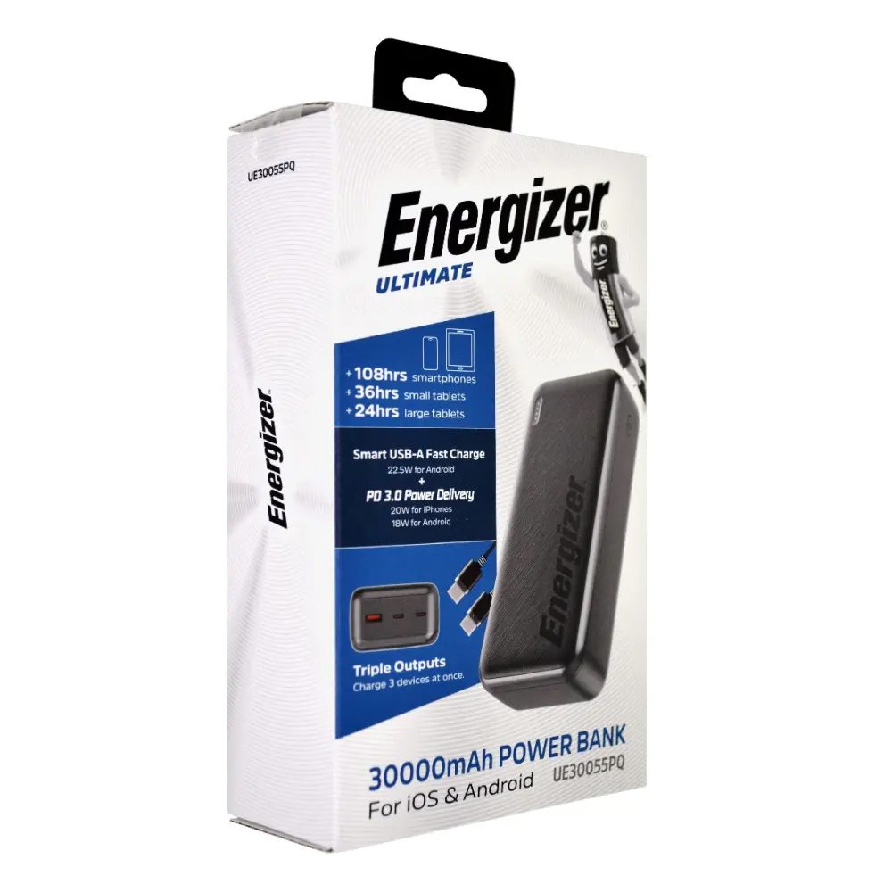 Power Bank Energizer UE30055PQ 30000mAh PD22.5W Fast Charge με 2xUSB-C 1xUSB-A και LED Ένδειξη Μπαταρίας Μαύρο | Power Bank - shopin.gr
