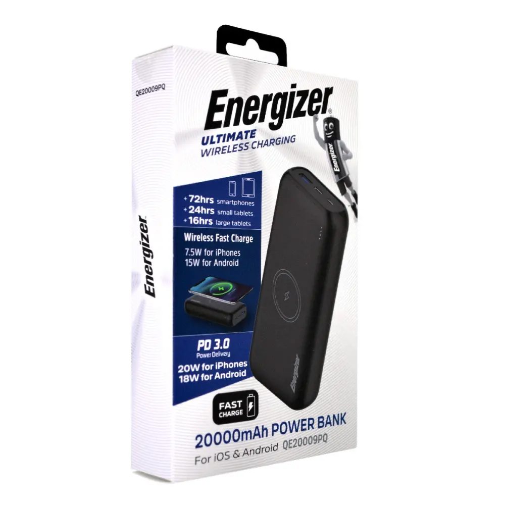 Power Bank Energizer QE20009PQ 20000mAh PD20W με 1xUSB-C 1xUSB-A Ασύρματη Φόρτιση 15W και LED Ένδειξη Μπαταρίας Μαύρο | Power Bank - shopin.gr