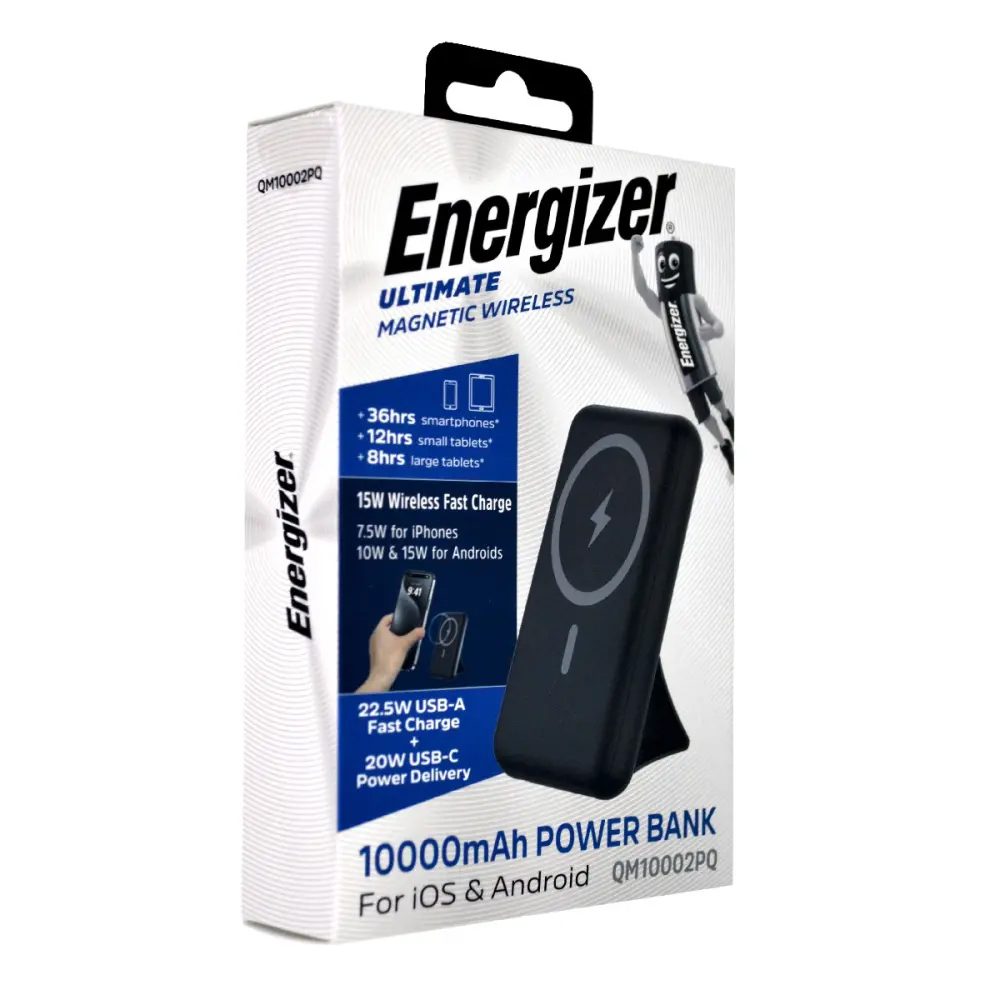 Power Bank Energizer QM10002PQ 10000mAh 22.5W Fast Charge με 1xUSB-C 1xUSB-A Ασύρματη Φόρτιση 15W και LED Ένδειξη Μπαταρίας Μαύρο | Power Bank - shopin.gr