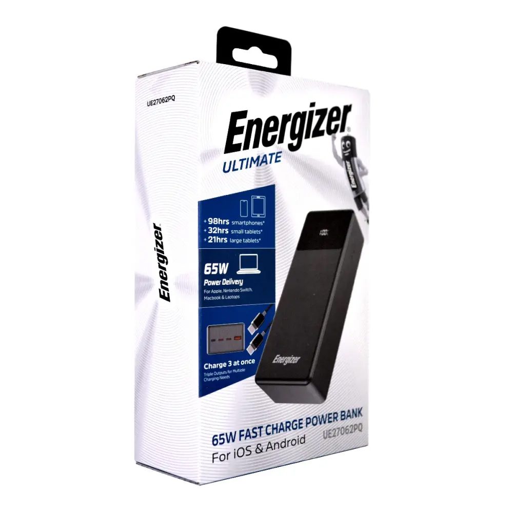 Power Bank Energizer UE27062PQ 27000mAh PD65W Fast Charge με 2xUSB-C 1xUSB-A 1xMicroUSB και LED Ένδειξη Μπαταρίας Μαύρο | Power Bank - shopin.gr