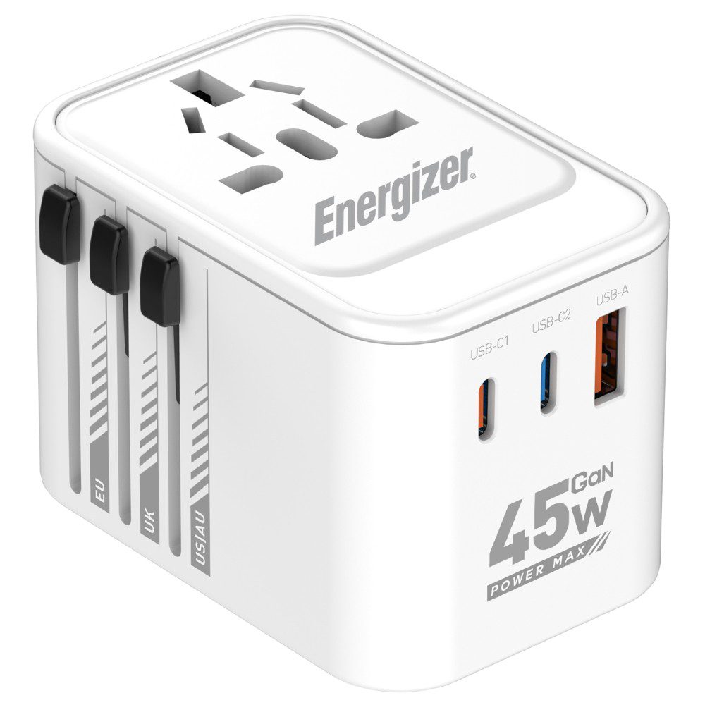 Παγκόσμιος Φορτιστής Ταξιδίου Energizer ETC450 US/AU UK EU με 1xUSB-A 30W και 2xUSB-C 45W/12W GaN Λευκός | Φορτιστές - shopin.gr