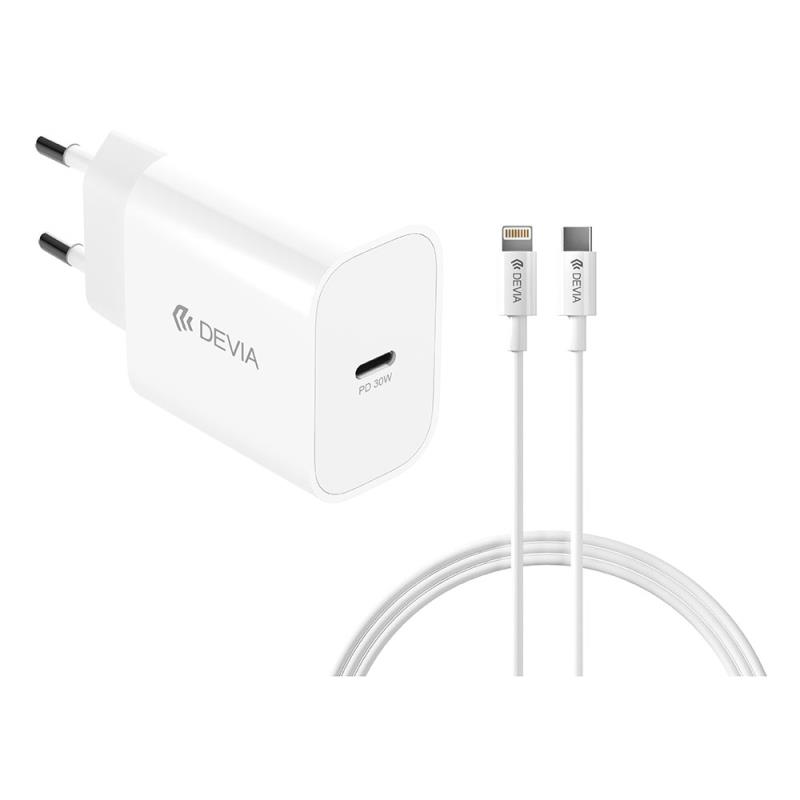 Φορτιστής Ταξιδίου Ταχείας Φόρτισης Devia RCE-3005CL με Έξοδο USB C GaN PD 30W & Καλώδιο USB C σε Lightning 1m Smart Λευκό | Shopin.gr