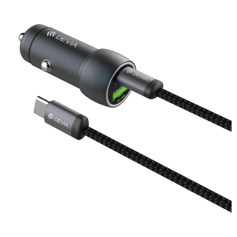 Φορτιστής Αυτοκινήτου Ταχείας Φόρτισης Devia EA507 Metal με Διπλή Έξοδο USB A & USB C PD QC 3.0 48W & Καλώδιο USB C σε USB C Extreme Σκούρο Γκρι | Shopin.gr